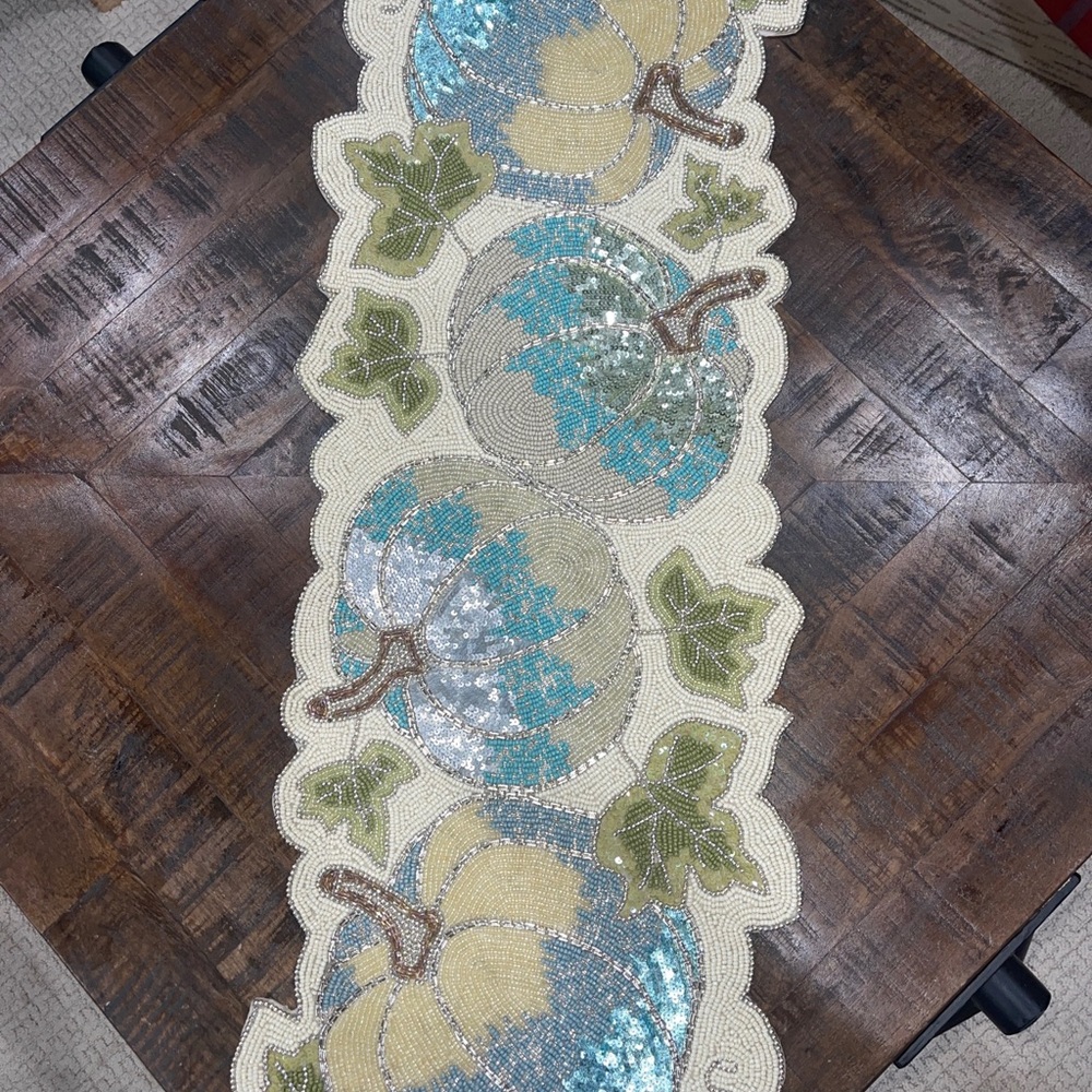 Rachel Zoe 13x36” Fall Autumn Thanksgiving Beaded Table Runner Ivory Teal Silver - Picture 5 of 6